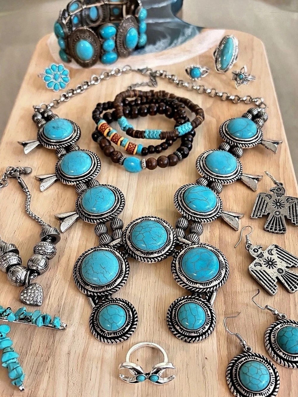Turquoise-silver Tone Statement Jewelry Set